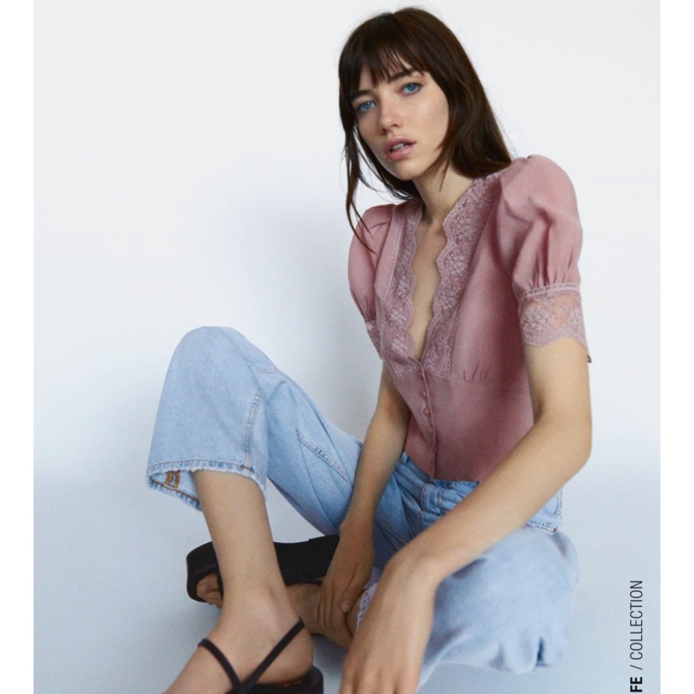 Zara Dusty Pink Lace-Trim Puff Sleeve Top